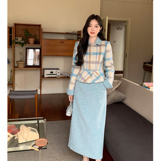 Gertcorel2025 neue wintermode 90 gänsedaunenwolle top langer rock blau karierter anzug damenbekleidung