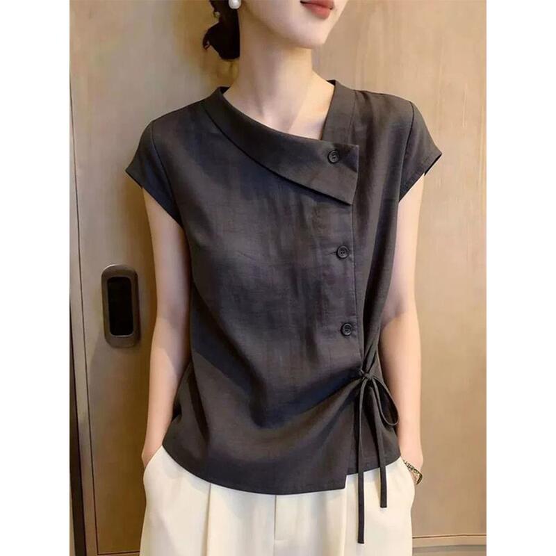 Gray Short-Sleeved Shirt for Women 2026 Summer New Fashion Style Age-Reducing Design Asymmetrical Lace-Up Shirt Top