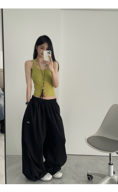 Fish Three Summer Quick-Dry Solid Color Parachute Cargo Pants Elastic Waist Drawstring Loose Pleated American Style Cargo Trousers