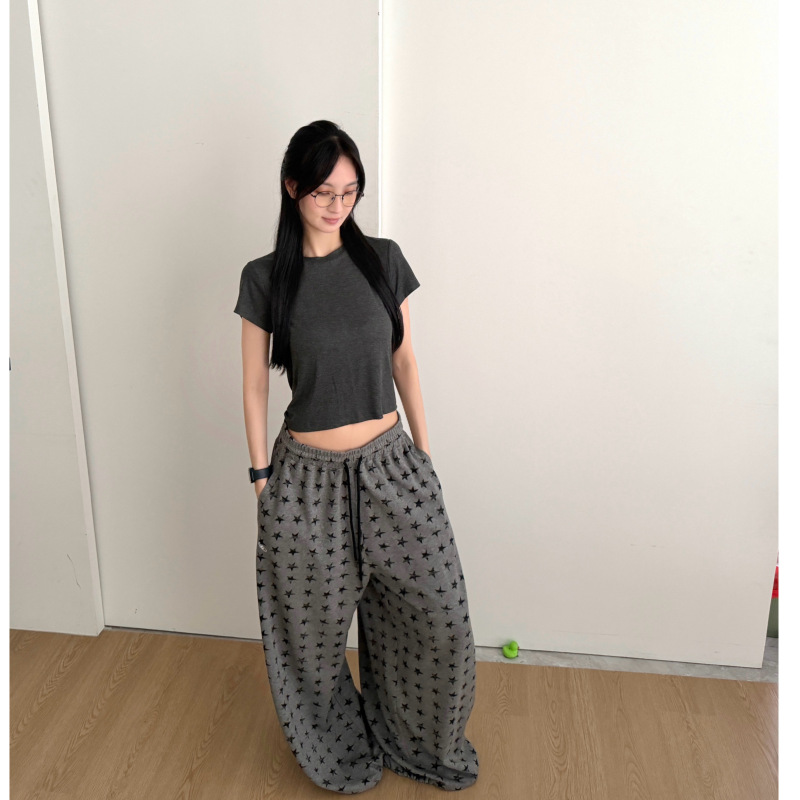 Fish Three Summer Thin Star Sweatpants American Style Lazy Retro Star Elastic Ribbed Waist Drawstring Sports Pants Unisex