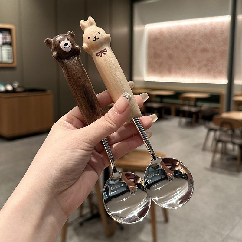 Cute Food-Grade Solid Wood Handle Creative 304 Stainless Steel Fork and Spoon Set for Home Use, Cat Paw Western-Style Spoon, Walnut Wood