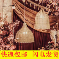 Wedding props Mori Bamboo Rattan Art Wine Glass Lantern Outdoor Wedding Arrangement Window Ceiling Decoration Rattan Chandelier