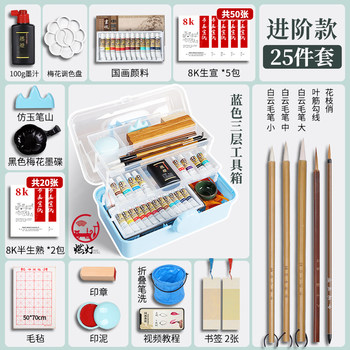 Beginner's Set of Chinese Painting Materials with 12 or 24 Colors, Complete Set of Chinese Painting Supplies and Tools, Ink Painting for Beginners, Professional High-Grade Fine Brushwork Materials, Single Brush for Elementary School Students and Art Students