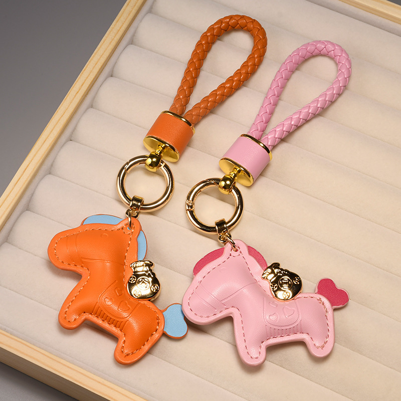 Trendy Leather Braided Rope Keychain with Cartoon Cute Design for Car Keys and Backpacks