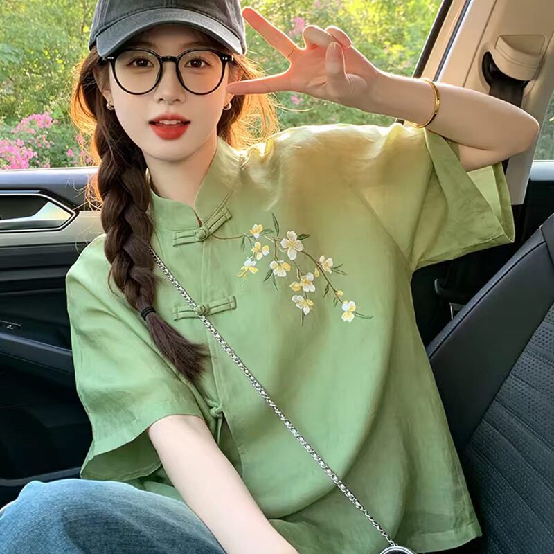 New Chinese-Style Retro Green Printed Short-Sleeved Shirt for Women, Summer New Slim-Fit Button-Up Top with Unique and Beautiful National Style New Chinese-Style Retro Green Printed Short-Sleeved Shirt for Women, Summer New Slim-Fit Button-Up Top with Unique and Beautiful National Style