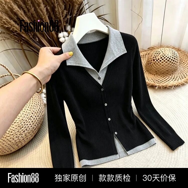 Fake Two-Piece Polo Collar Knitted Cardigan for Women, 2026 Autumn New Style, Plus-Size Sweater for Curvy Women, Slim-Fit Top