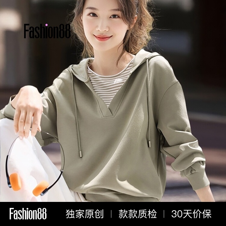 Fake Two-Piece Hooded Patchwork Striped Sweatshirt Jacket for Women, Autumn and Winter Artistic Loose-Fitting Slimming Lazy Style Top Fake Two-Piece Hooded Patchwork Striped Sweatshirt Jacket for Women, Autumn and Winter Artistic Loose-Fitting Slimming Lazy Style Top