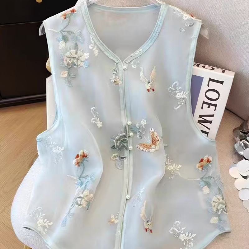 New Chinese-Style Embroidered Vest for Women, Summer Thin Style, New Embroidered Single-Breasted Round-Neck Outerwear Vest Top