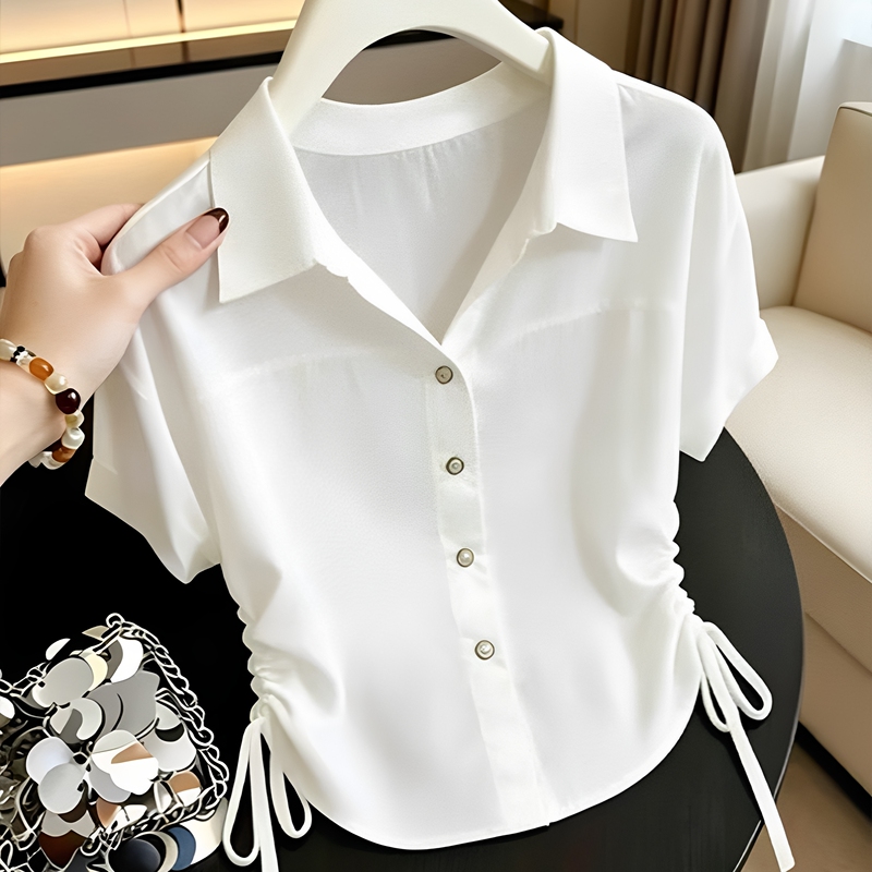 Casual Style White Shirt for Women, Thin Style, 2026 Summer New Model, Unique and Beautiful, Very Attractive, Waist-Cinching, Pleated, Slimming Shirt