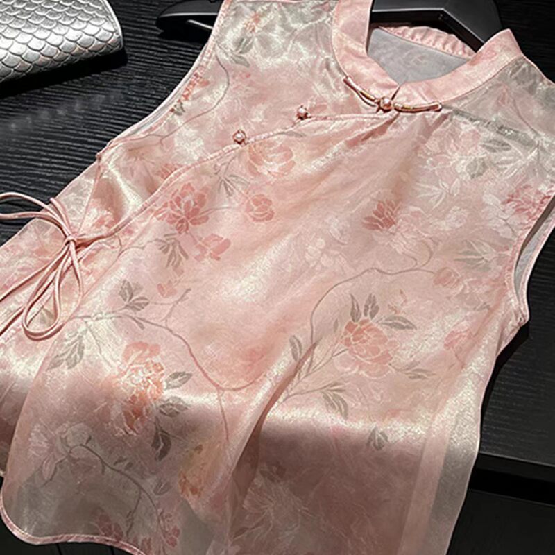 New Chinese-Style Retro Pink Printed Vest for Women, Summer Thin Single-Breasted Round-Neck Embroidered Top with a High-End Feel