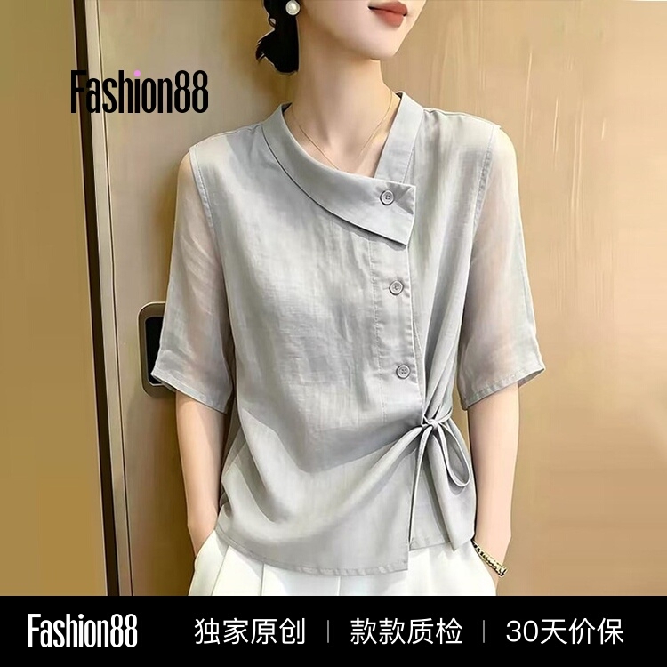 Gray Mid-Sleeve Shirt for Women 2026 Summer New Fashion Youthful Design Irregular Tie Shirt Top