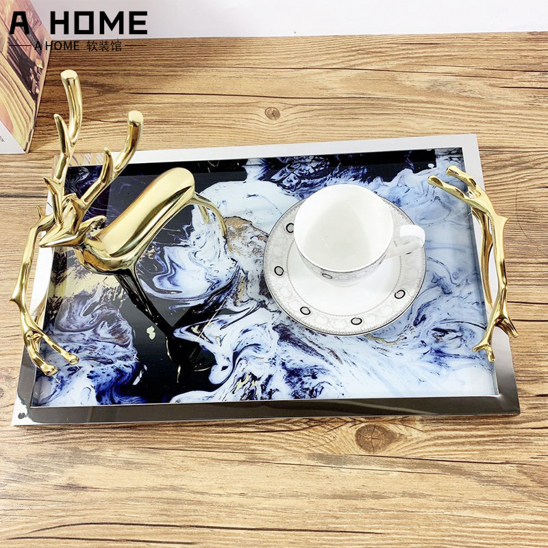 Nordic Light Luxury Tray Creative Metal Rectangular Mirror Tray Glass Living Room Decorative Tray Display Plate with Copper Bing