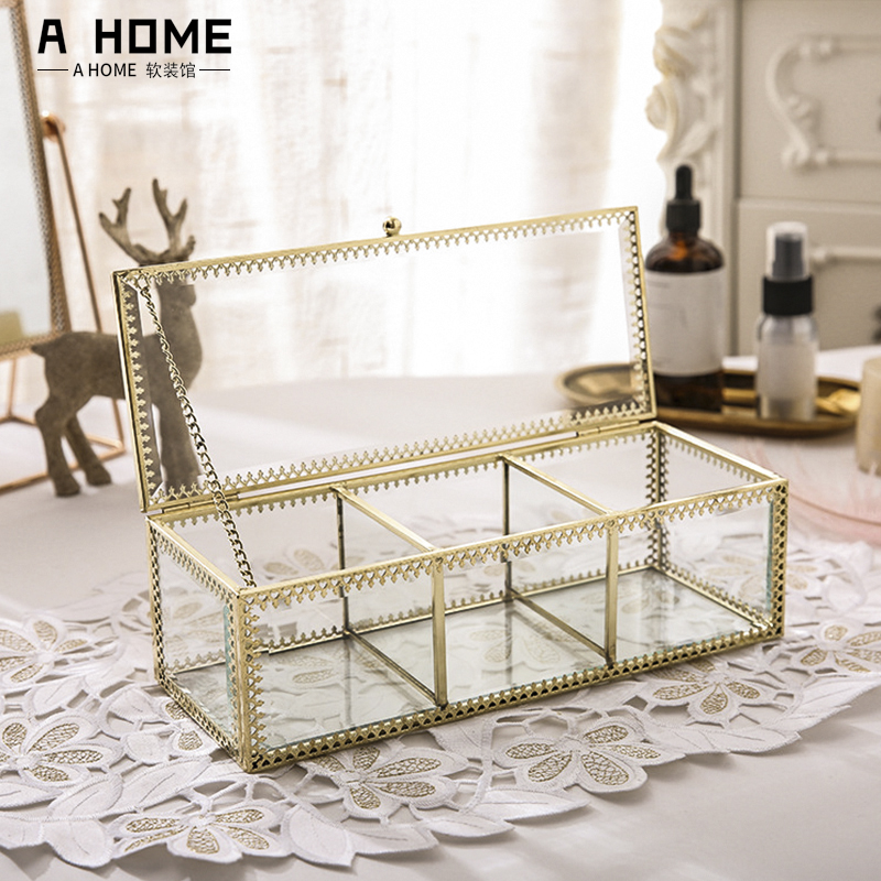 Simple retro copper edge glass cosmetic cotton box Cotton swab box powder puff storage box Transparent gold bronze cosmetic box