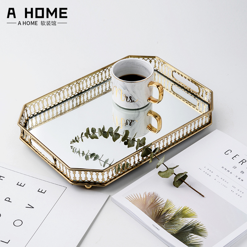 Nordic style metal glass storage plate Hollow electroplated mirror bottom tray Living room light luxury swing plate decoration