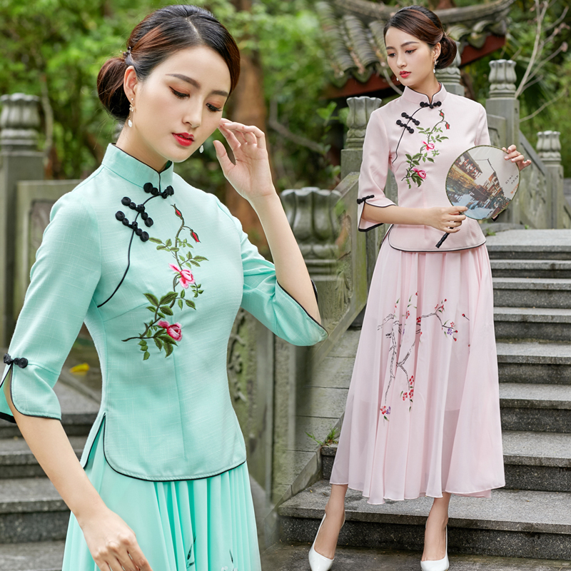 Cải thiện sườn xám hai mảnh bộ mặc Trung Quốc phụ nữ đầu retro tay trà gió Trung Quốc Quần áo dân tộc Tang chiếc váy của phụ nữ