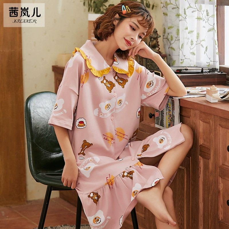 Váy ngủ cotton nữ mùa hè cardigan mỏng phần sexy cô gái dễ thương áo sơ mi dài giữa mùa hè ngắn tay cộng với kích thước đồ ngủ - Đêm đầm