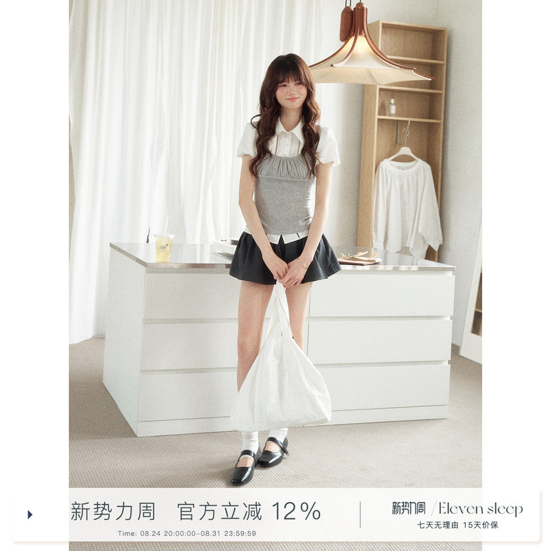 Eleven Sleep Korean Style Fake Two-Piece Short-Sleeved Shirt for Women, Summer High-End Puff Sleeve Waist-Cinching T-Shirt Top