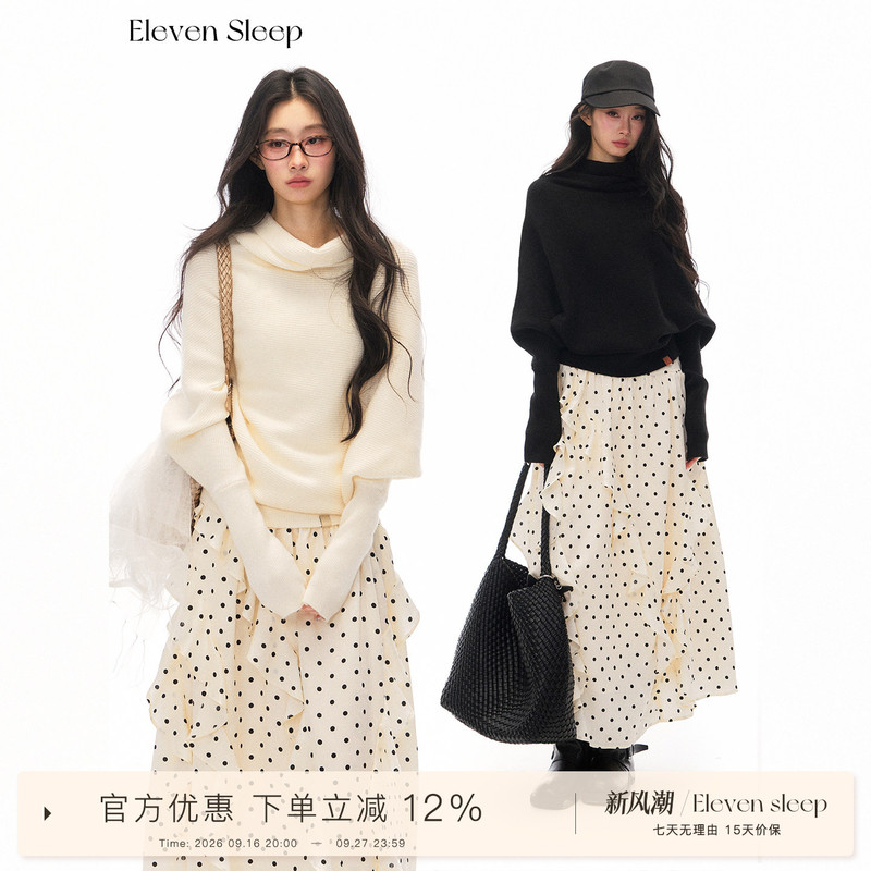 Eleven Sleep Autumn Sweater Lazy and Sophisticated Batwing Sleeve Knitwear Korean Style Slouchy Collar Long Sleeve Top