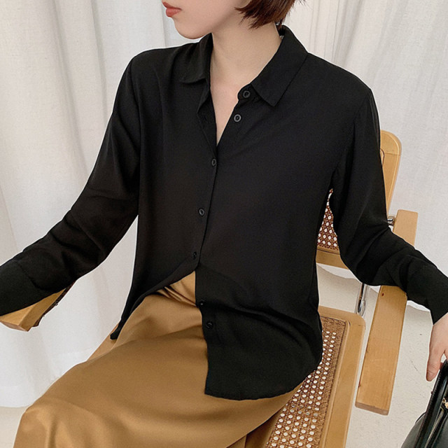 Chiffon shirt women's 2023 spring new Korean style long-sleeved loose black professional shirt light familiar all-match top trendy