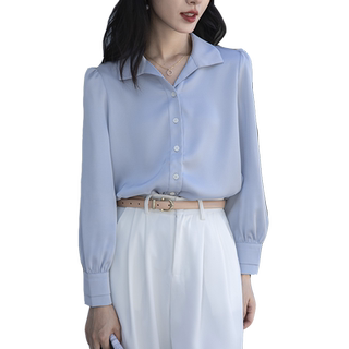 小个子V领加绒缎面白色衬衫女抗皱秋冬新款通勤法式衬衣职业上衣