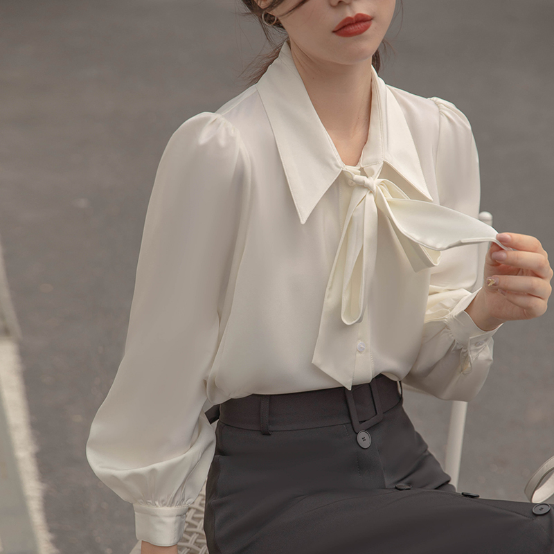Lantern Sleeve Spring and Autumn Bow Tie Shirt, White Commuter Shirt for Women, French Style Ribbon Design, Professional Inner Wear Top Lantern Sleeve Spring and Autumn Bow Tie Shirt, White Commuter Shirt for Women, French Style Ribbon Design, Professional Inner Wear Top