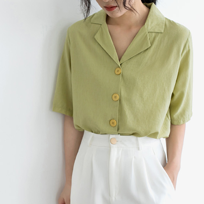 2021 summer new suit collar avocado green cotton linen shirt women's French temperament V-neck top short-sleeved shirt