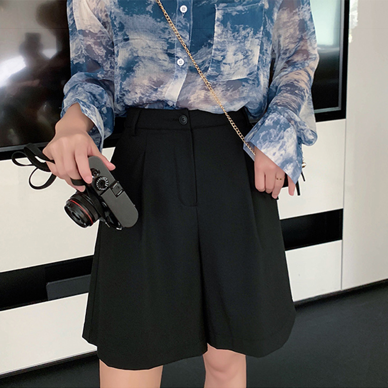 Summer new suit shorts women's casual wild Hong Kong style retro wear high waist loose a word wide leg five-point pants