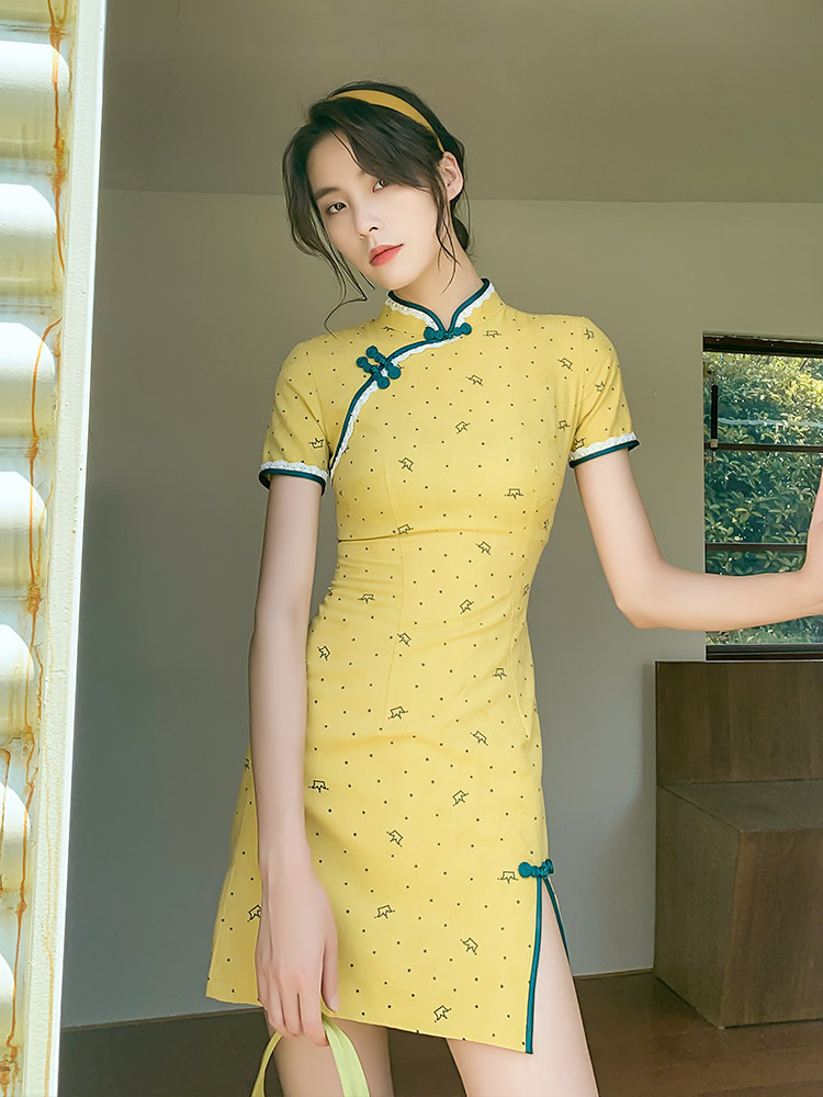 Yellow Qipao 2022 New Small Subshort Retro Improved Young Girl's Everyday Foreign Dress Spring Summer