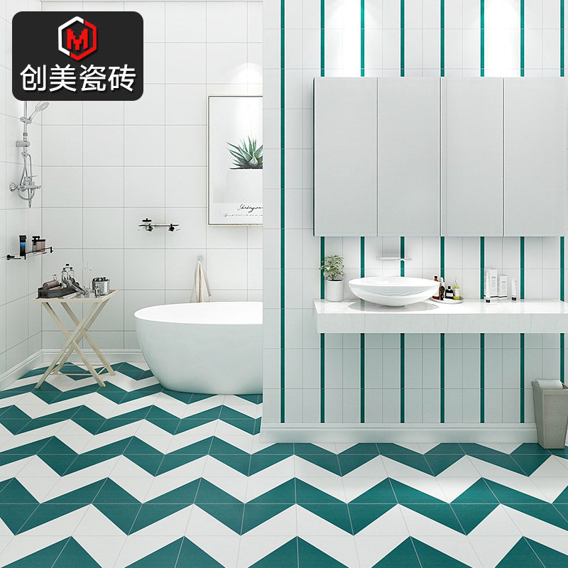 Nordic ins wind small flower brick 200 powder room tile rhombus small fresh dark green porch balcony floor tile 300