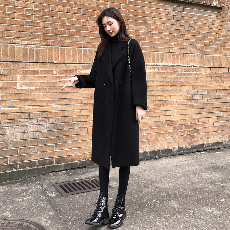 Cashmere Woolen Outwear for Women, Mid-Length, 2025 Winter New Style, Korean Style, Black, Thickeneded Quilted Woolen Over-The-Knee Outwear