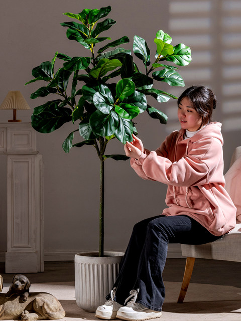 Ficus Lyrata Artificial Green Plant, High-End Light Luxury Fake Tree, Bionic Green Plant for Indoor Living Room, Shop Landscaping, Floor-Standing Decoration