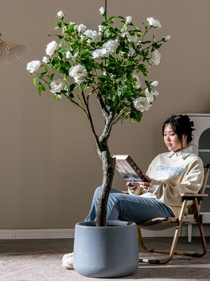 High-End Rose Camellia Floor-Standing Decorative Flowers, Simulated High-End Living Room Plastic Fake Flowers, Fake Trees and Green Plants