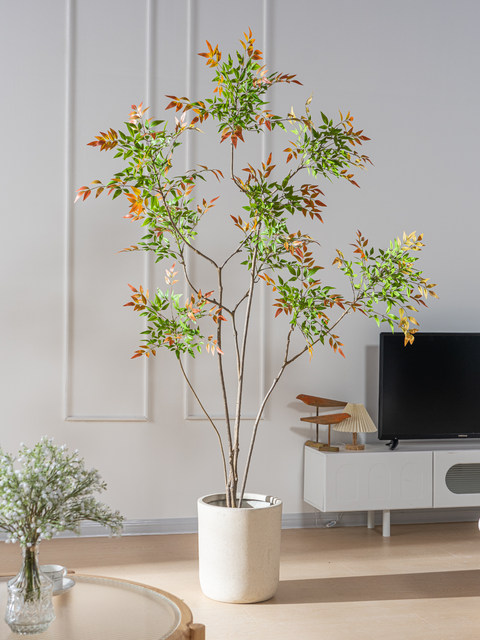 Large Artificial Elm Money Tree Green Plant, Fake Nandina Bamboo Tree for Indoor Living Room, Shop Window Decoration, Floor-Standing Ornament