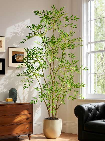 Artificial Green Plant, Nandina Bamboo Fake Tree, Indoor Living Room Large Artificial Plant Potted Money Tree Ornament, Mid-Century Style