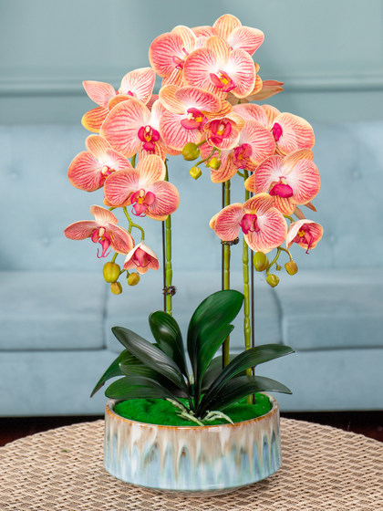 High-End Artificial Phalaenopsis Orchid Flower Arrangement Potted Plant Fake Flowers for Living Room Coffee Table Dining Table Decoration Ornaments