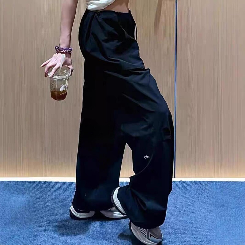 Alo American-Style Drawstring Pocket Cargo Pants, Parachute Pants for Women, Loose Fit, Slimming Straight-Leg Pants, Quick-Dry Sports Wide-Leg Long Pants