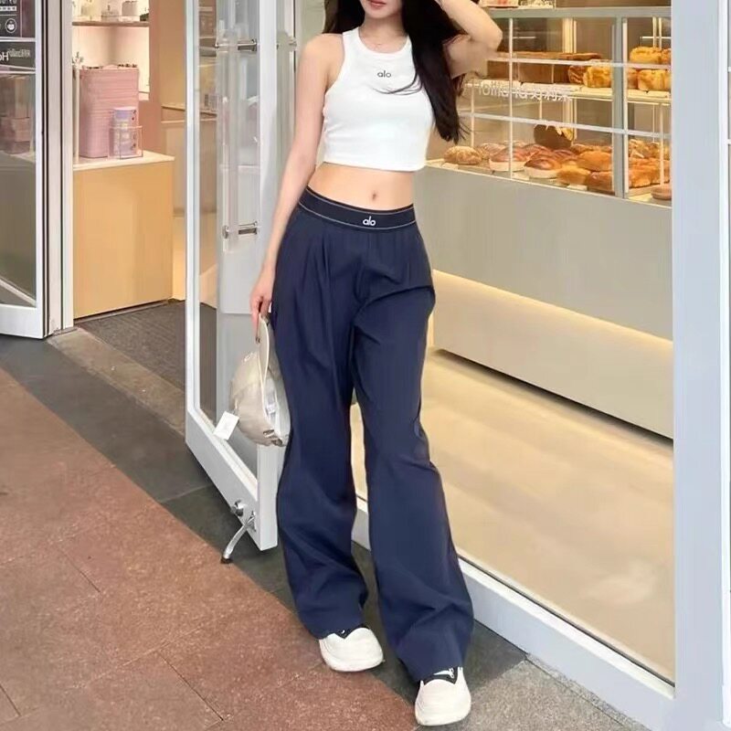 Alo Yoga Pants for Women, Woven High-Waisted Slimming Straight Wide-Leg Pants, Quick-Dry Sports Casual Pants, Same Style as Kim Ji-Soo