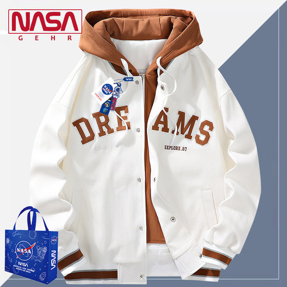 NASA joint fake two-piece spring and autumn jacket men's coat couple 2023 casual versatile hooded large size baseball uniform