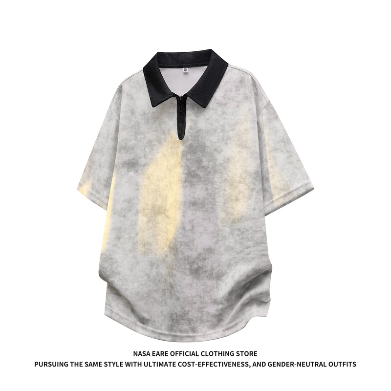 Nasab-Eare American-Style Tie-Dye Lapel Short-Sleeved T-Shirt for Men, Summer Half-Zip Design, Loose and Versatile Top
