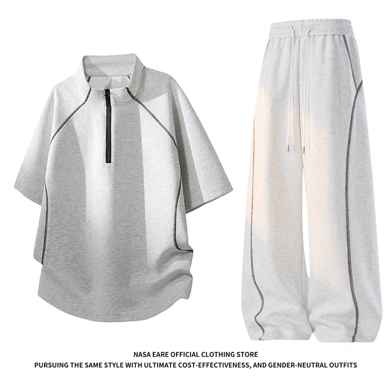 Nasab-Eare Stand-Up Collar Half-Zip Short-Sleeve Sports Suit for Men, Summer American-Style Contrast Stitching Deconstructed T-Shirt and Long Pants Set