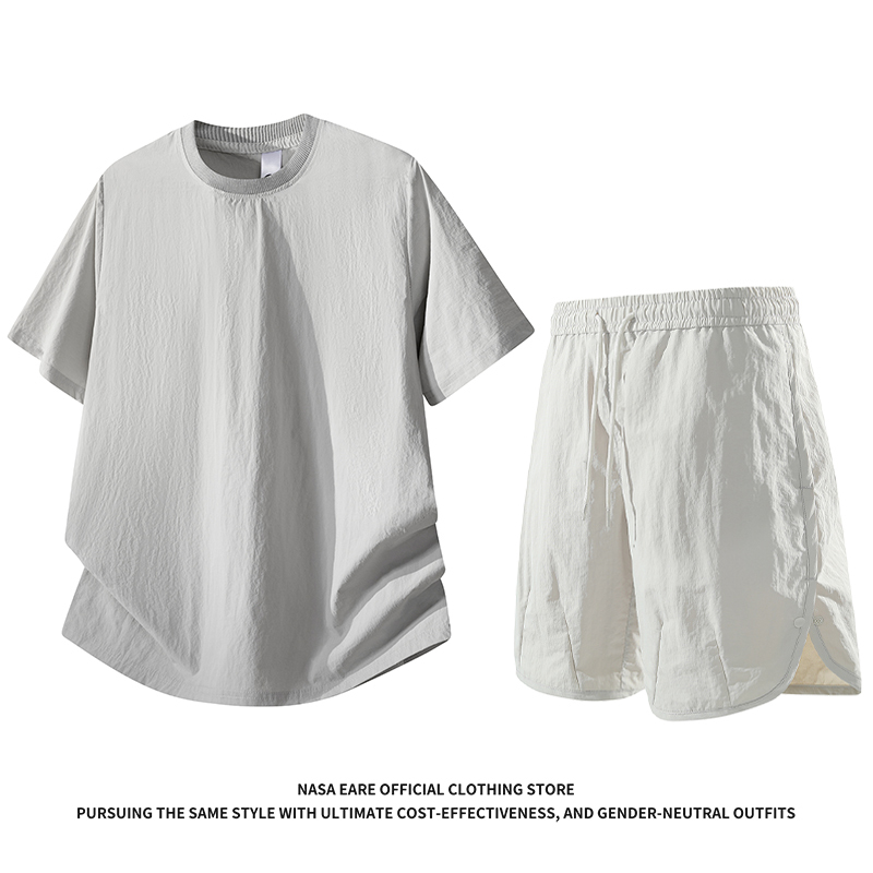 Nasab-Eare Summer Sports Ice Silk Short-Sleeved Suit Men's Sports Sweat-Wicking Outdoor Running T-Shirt and Shorts Outfit