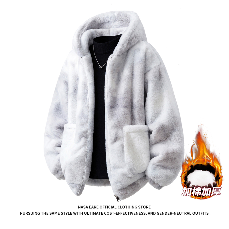 Nasab-Eare Lamb Wool Winter Tie-Dye Hooded Cotton Jacket for Men and Women, Faux Rabbit Fur Thickened Couple's Cotton Coat