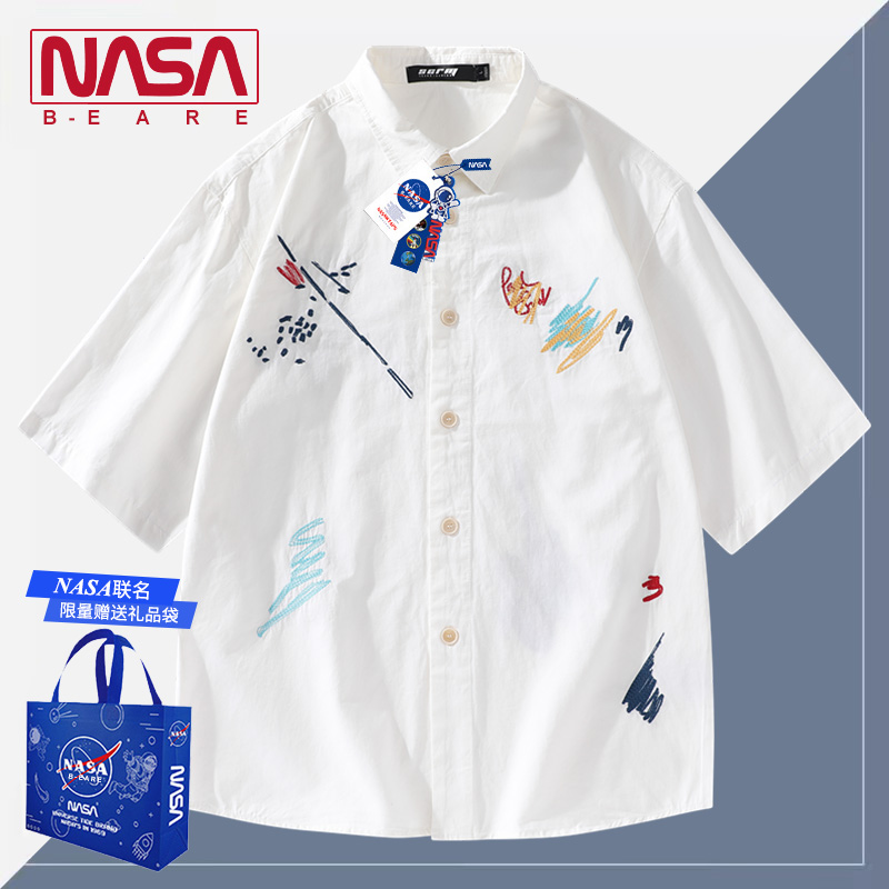 NASA 共同コットン半袖シャツ メンズ 新作 刺繍入り ラペル Tシャツ ゆったり カジュアル 万能 カップル 衣装 ジャケット