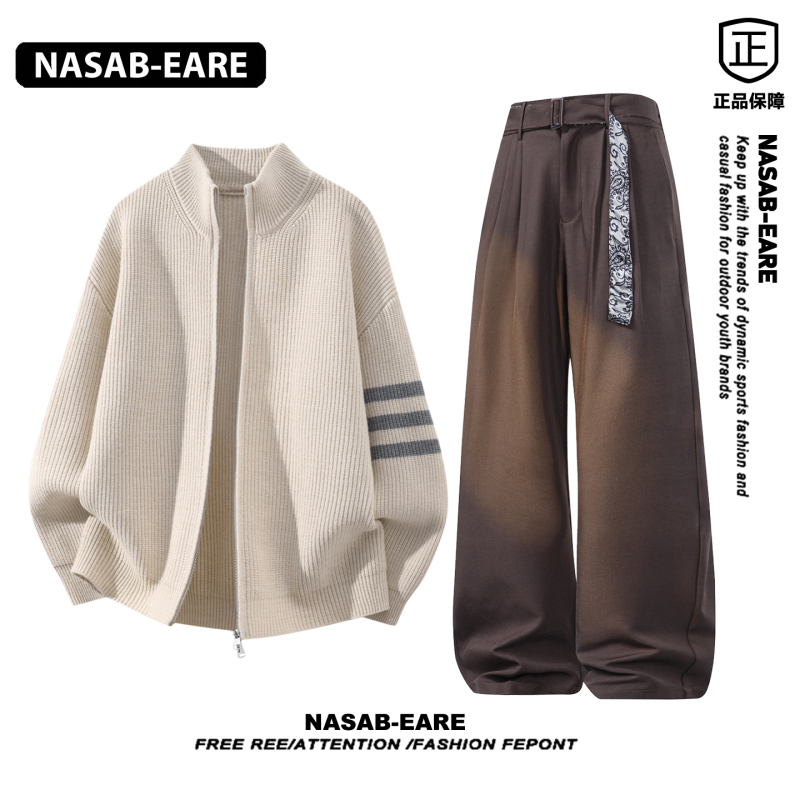 Nasab-Eare Stand-Up Collar Zipper Sweater Set for Men, Autumn Lazy Style Striped Knit Sweater Jacket and Pants Outfit Nasab-Eare Stand-Up Collar Zipper Sweater Set for Men, Autumn Lazy Style Striped Knit Sweater Jacket and Pants Outfit