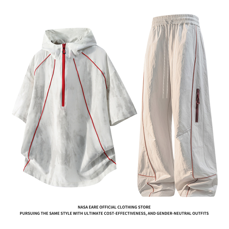 Nasab-Eare American Tie-Dye Hooded Half-Zip Short-Sleeved Suit for Men, Summer Casual Sports Mountaineering Two-Piece Set