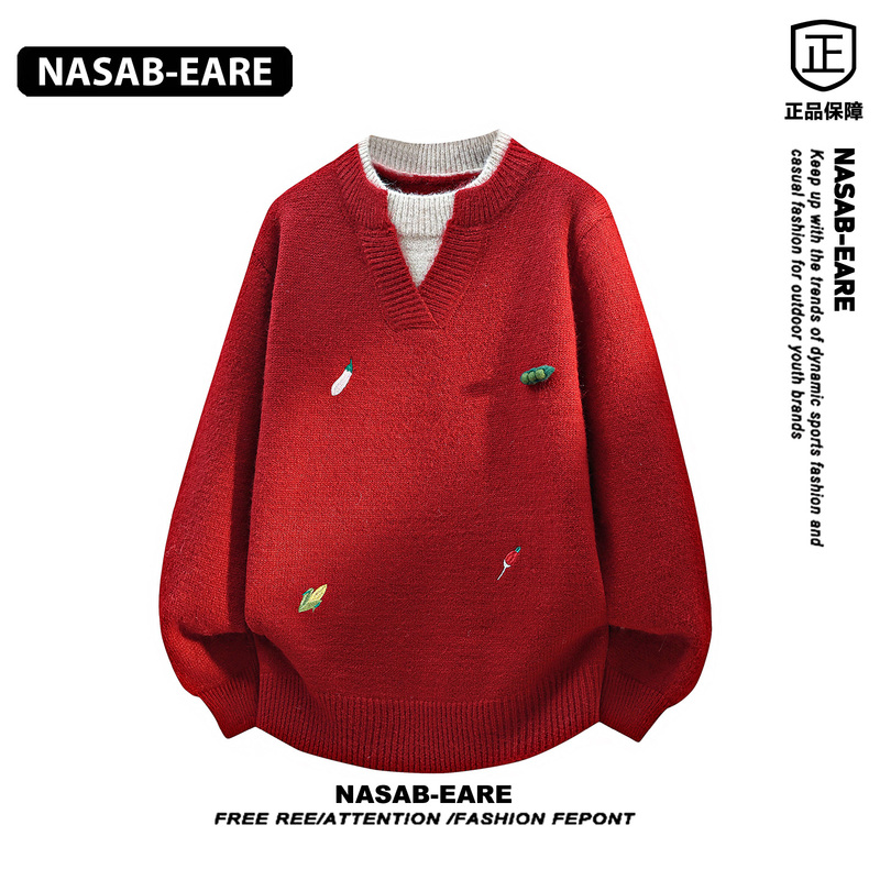 Nasab-Eare Embroidered Design Red Zodiac Year Sweater Men's Autumn Casual Loose Fake Two-Piece Knitwear