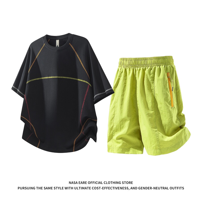 Nasab-Eare American Summer Ootd Sportswear Set for Men, Loose-Fitting Trendy Brand T-Shirt and Shorts Two-Piece Set