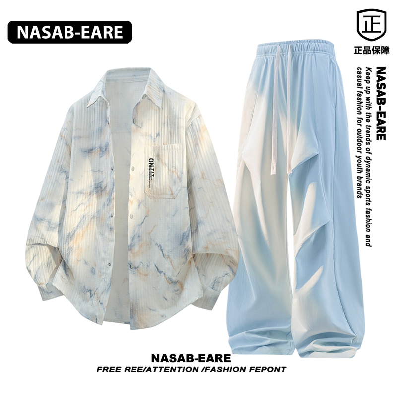 Nasab-Eare American Trendy Brand Tie-Dye Long-Sleeved Shirt Set Men's Autum Casual Shirt and Pants Two-Piece Set