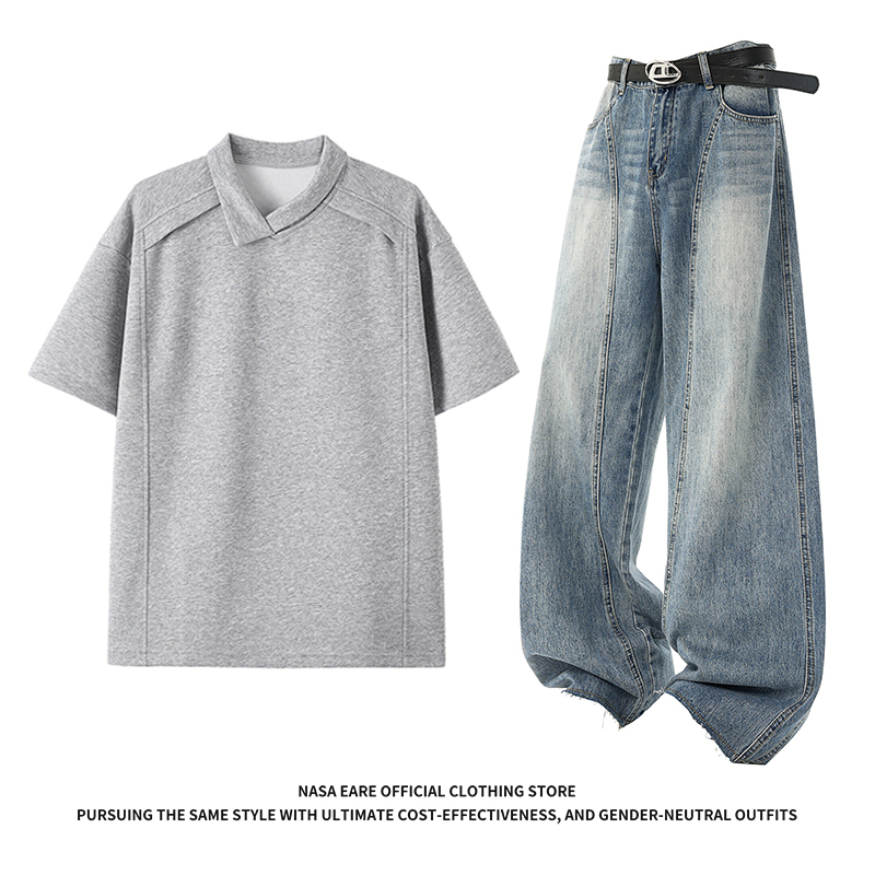 Nasab-Eare Trendy Brand Deconstructed Lapel T-Shirt and Jeans Set for Men, Summer American-Style Loose Couple Two-Piece Set