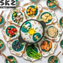 Bowl and dish set platter tableware combination fan-shaped plate round dish platter ceramic dish 8-person meal 26-piece set (